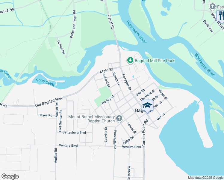 map of restaurants, bars, coffee shops, grocery stores, and more near 6901 Cater Street in Bagdad
