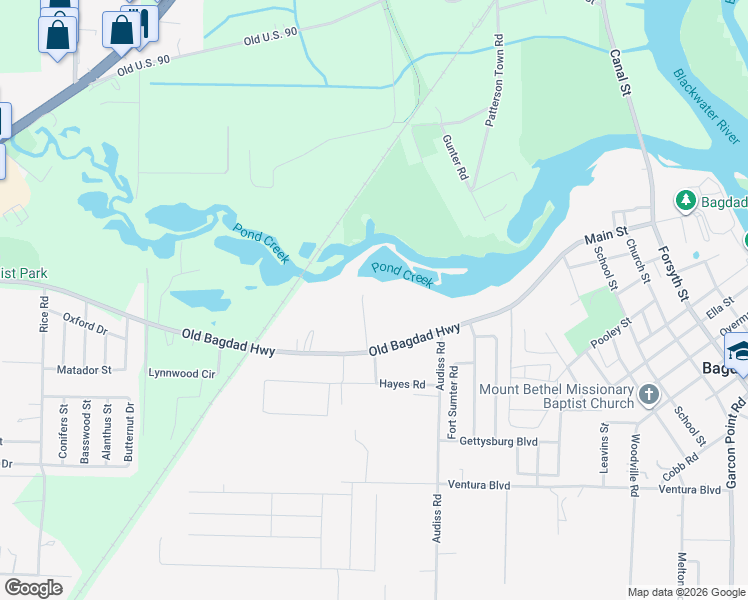 map of restaurants, bars, coffee shops, grocery stores, and more near 6622 Old Bagdad Highway in Milton