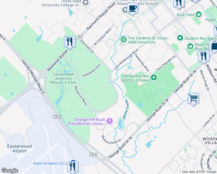 map of restaurants, bars, coffee shops, grocery stores, and more near 2929 Research Parkway in College Station