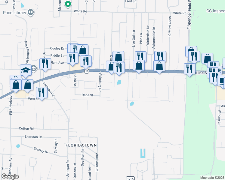 map of restaurants, bars, coffee shops, grocery stores, and more near 4324 Grant Street in Pace
