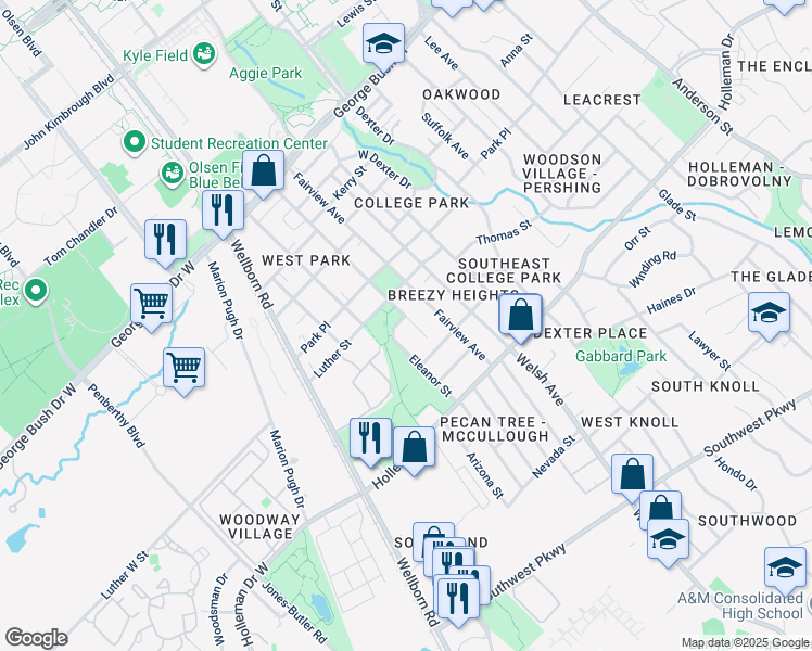 map of restaurants, bars, coffee shops, grocery stores, and more near 905 Montclair Avenue in College Station