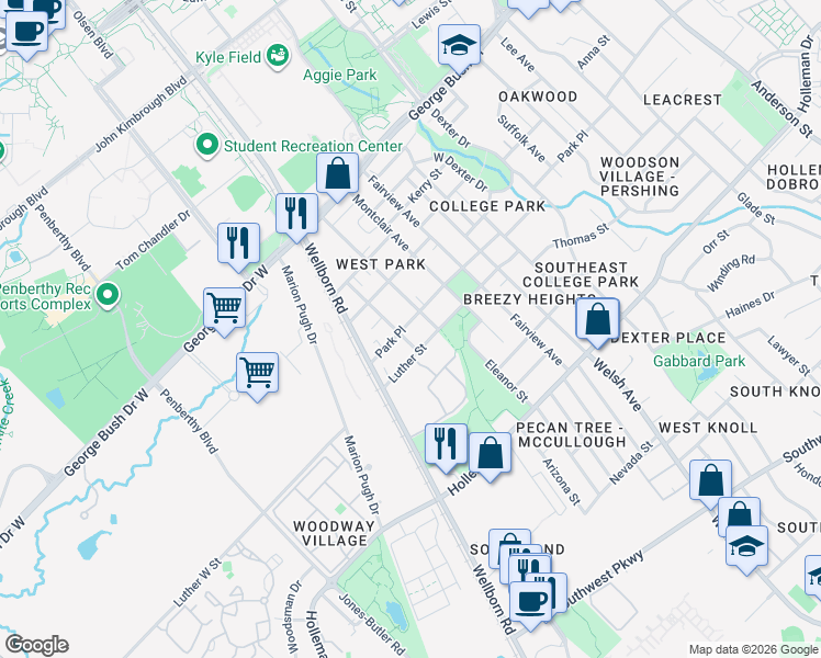 map of restaurants, bars, coffee shops, grocery stores, and more near 700 Highlands Street in College Station