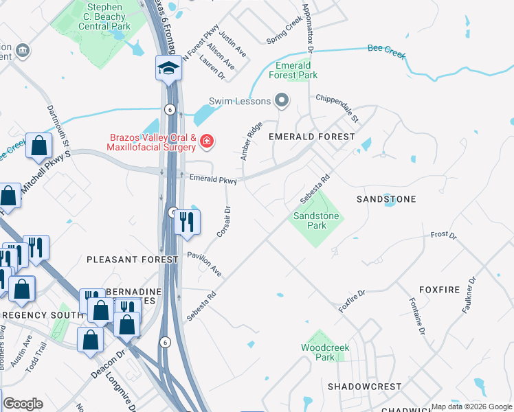 map of restaurants, bars, coffee shops, grocery stores, and more near 8802 Driftwood Drive in College Station