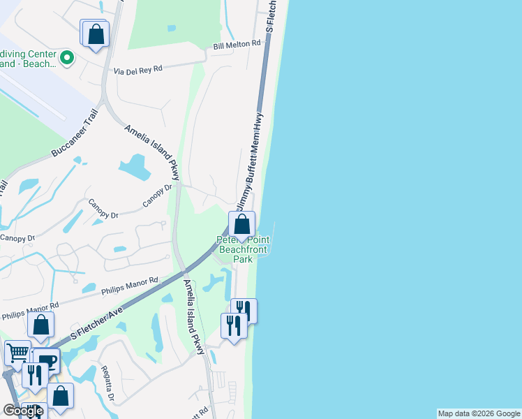 map of restaurants, bars, coffee shops, grocery stores, and more near 95120 Sandpiper Loop in Fernandina Beach