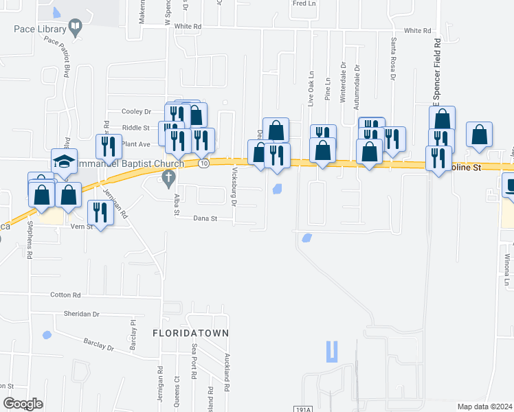 map of restaurants, bars, coffee shops, grocery stores, and more near 4399 Grant Street in Pace