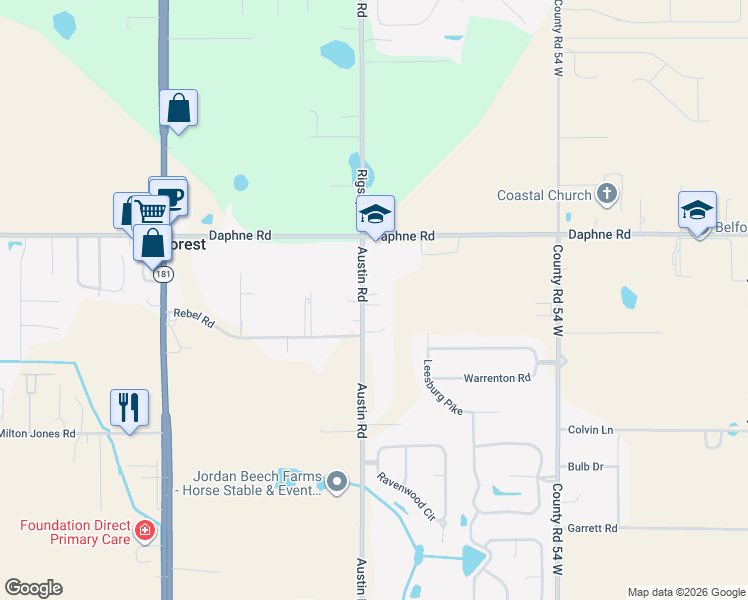 map of restaurants, bars, coffee shops, grocery stores, and more near 25828 Austin Road in Daphne