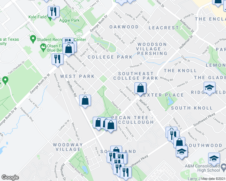 map of restaurants, bars, coffee shops, grocery stores, and more near 905 Montclair Avenue in College Station