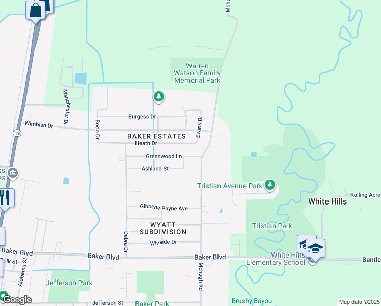map of restaurants, bars, coffee shops, grocery stores, and more near 4607 Greenwood Lane in Baker