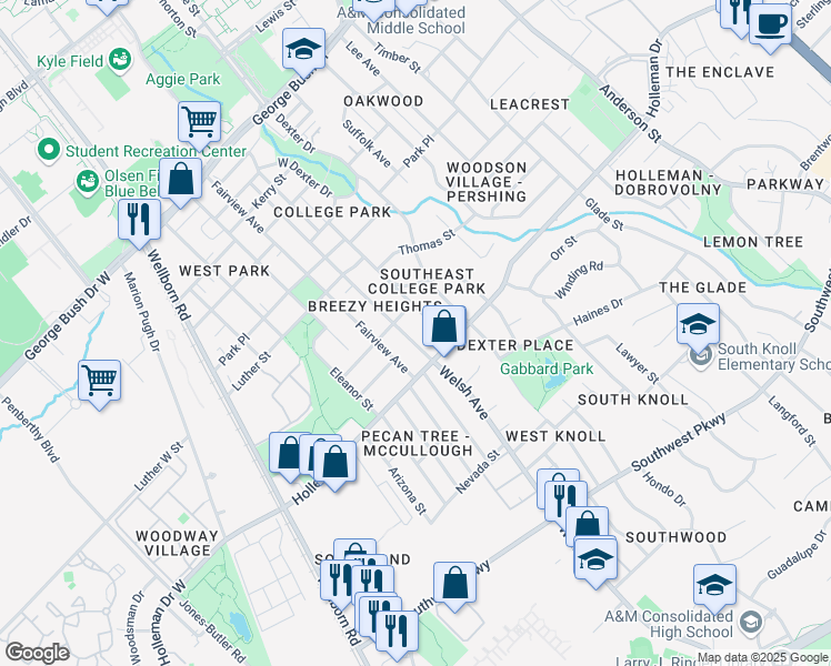 map of restaurants, bars, coffee shops, grocery stores, and more near 1007 Welsh Avenue in College Station