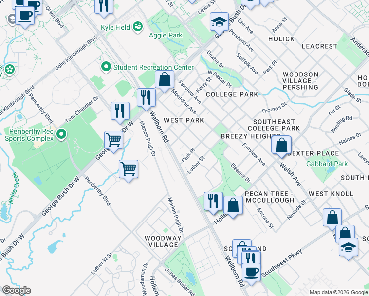 map of restaurants, bars, coffee shops, grocery stores, and more near 606 Maryem Street in College Station