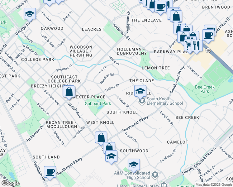 map of restaurants, bars, coffee shops, grocery stores, and more near 1401 Lawyer Street in College Station
