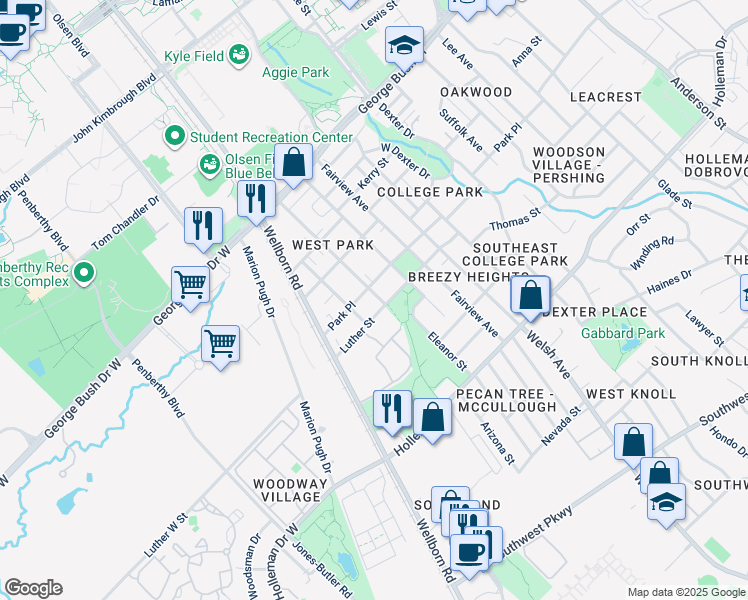 map of restaurants, bars, coffee shops, grocery stores, and more near 700 Highlands Street in College Station