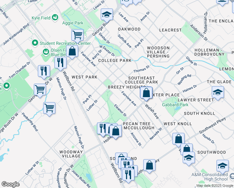 map of restaurants, bars, coffee shops, grocery stores, and more near 905 Montclair Avenue in College Station