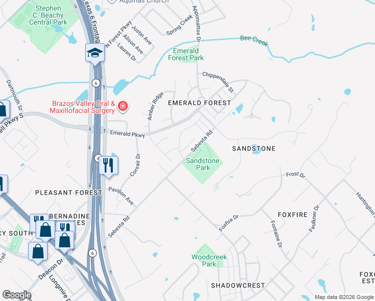 map of restaurants, bars, coffee shops, grocery stores, and more near 1804 Rosebud Court in College Station