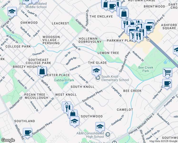 map of restaurants, bars, coffee shops, grocery stores, and more near 1219 South Ridgefield Circle in College Station