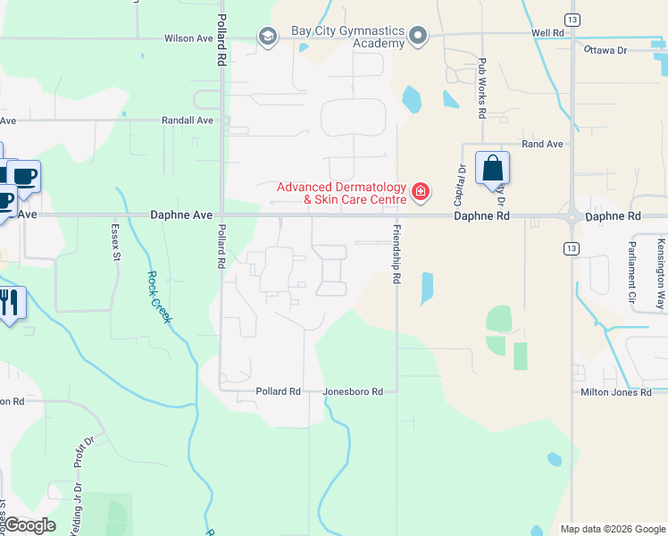 map of restaurants, bars, coffee shops, grocery stores, and more near 8254 Daphne Avenue in Daphne