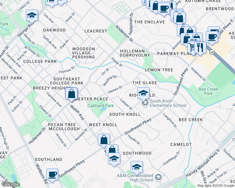 map of restaurants, bars, coffee shops, grocery stores, and more near 1401 Lawyer Street in College Station