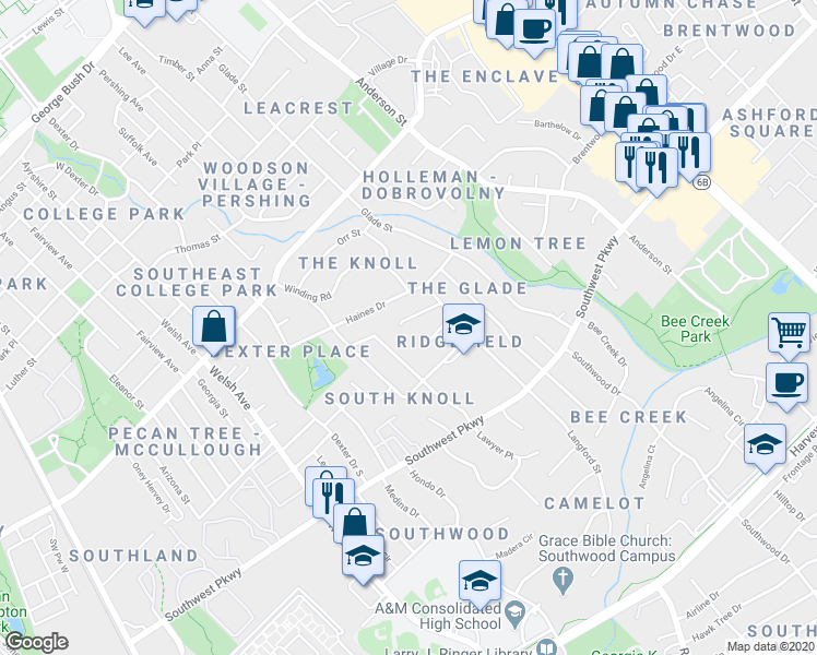 map of restaurants, bars, coffee shops, grocery stores, and more near 1212 North Ridgefield Circle in College Station