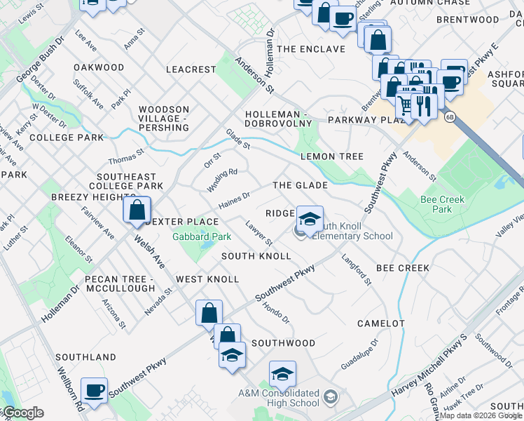 map of restaurants, bars, coffee shops, grocery stores, and more near 1212 North Ridgefield Circle in College Station