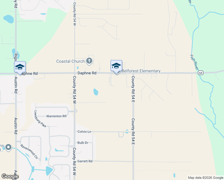 map of restaurants, bars, coffee shops, grocery stores, and more near 25929 County Road 54 East in Daphne