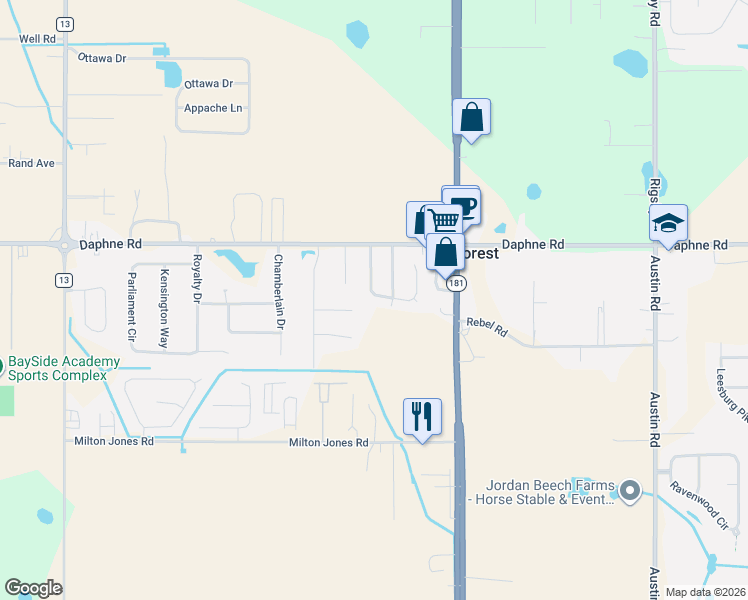 map of restaurants, bars, coffee shops, grocery stores, and more near 25885 Argonne Drive in Daphne