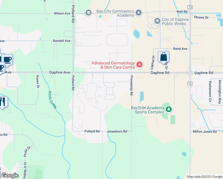 map of restaurants, bars, coffee shops, grocery stores, and more near 8254 County Road 64 in Daphne