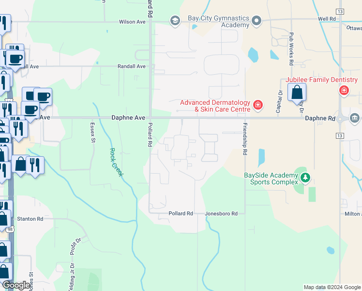 map of restaurants, bars, coffee shops, grocery stores, and more near 8160 Co Road 64 in Daphne