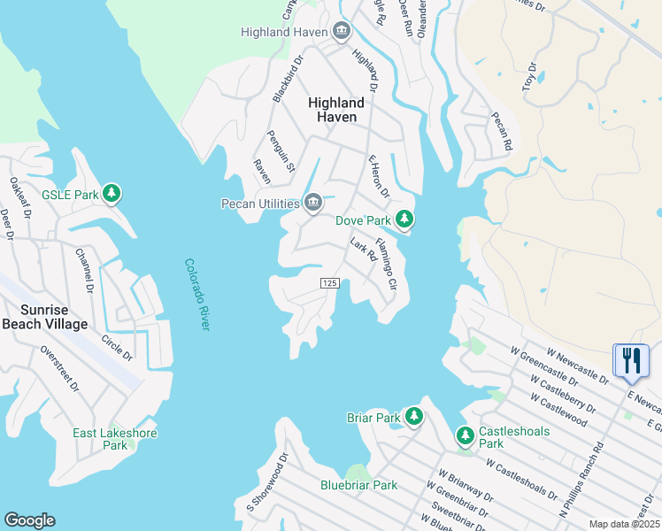 map of restaurants, bars, coffee shops, grocery stores, and more near 1402 Highland Drive in Marble Falls