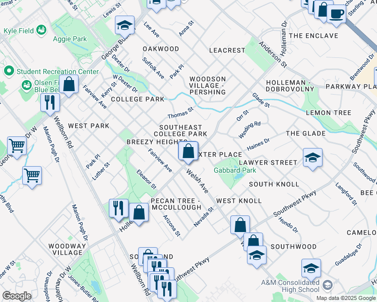 map of restaurants, bars, coffee shops, grocery stores, and more near 628 Holleman Drive in College Station