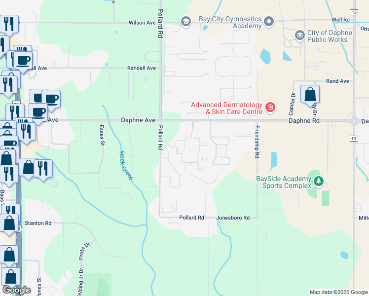 map of restaurants, bars, coffee shops, grocery stores, and more near 8160 Daphne Avenue in Daphne