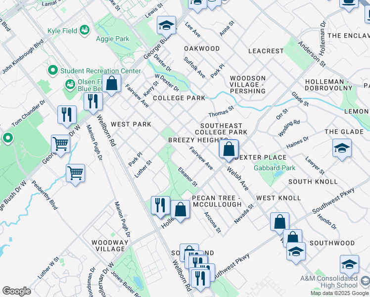 map of restaurants, bars, coffee shops, grocery stores, and more near 905 Montclair Avenue in College Station