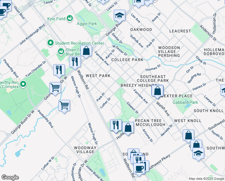 map of restaurants, bars, coffee shops, grocery stores, and more near 700 Highlands Street in College Station