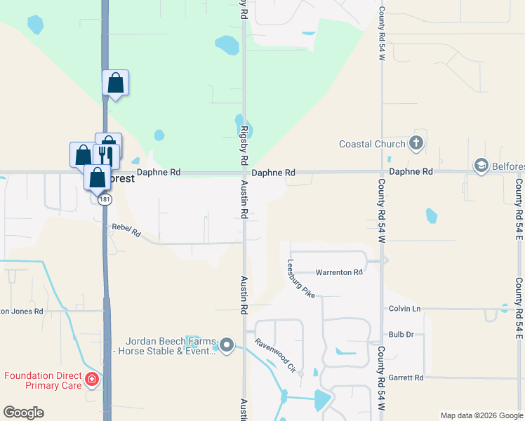 map of restaurants, bars, coffee shops, grocery stores, and more near 25828 Austin Road in Daphne