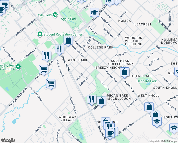 map of restaurants, bars, coffee shops, grocery stores, and more near 700 Highlands Street in College Station