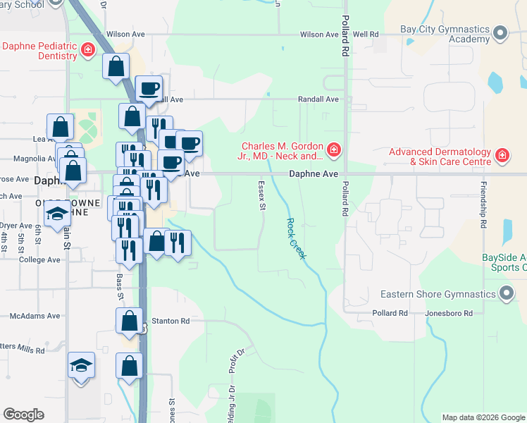 map of restaurants, bars, coffee shops, grocery stores, and more near 1400-1610 Essex St in Daphne