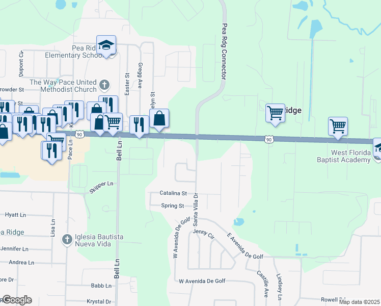 map of restaurants, bars, coffee shops, grocery stores, and more near 4591 Santa Villa Drive in Milton