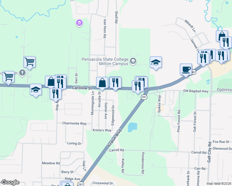 map of restaurants, bars, coffee shops, grocery stores, and more near 5887 U.S. 90 in Milton