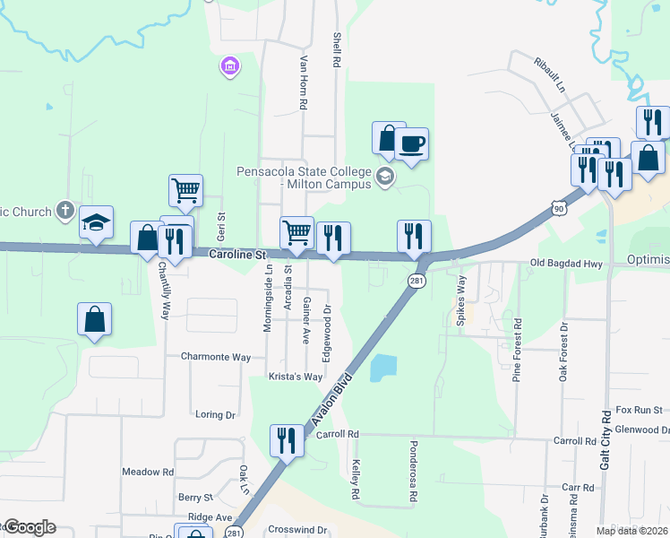 map of restaurants, bars, coffee shops, grocery stores, and more near 5887 U.S. 90 in Milton