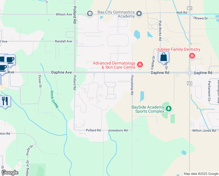 map of restaurants, bars, coffee shops, grocery stores, and more near 8254 Daphne Avenue in Daphne