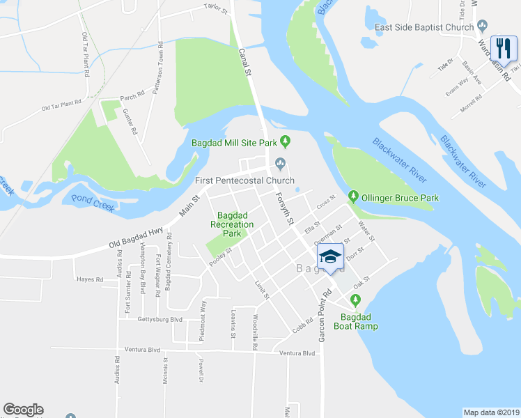 map of restaurants, bars, coffee shops, grocery stores, and more near 4605 Church Street in Milton