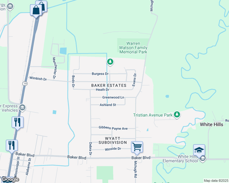 map of restaurants, bars, coffee shops, grocery stores, and more near 4406 Heath Drive in Baker