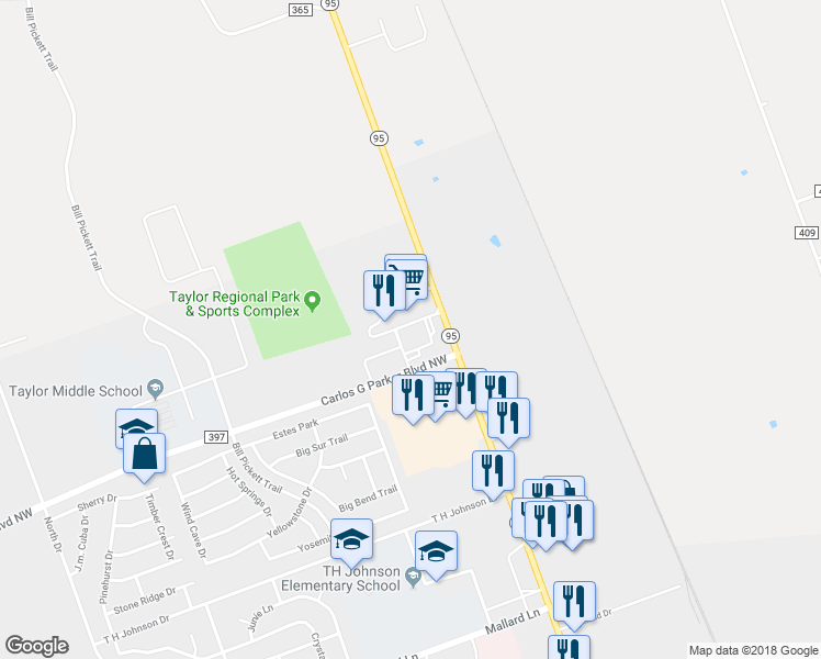map of restaurants, bars, coffee shops, grocery stores, and more near 100 Carlos G Parker Boulevard Northwest in Taylor
