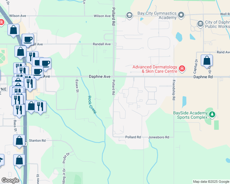 map of restaurants, bars, coffee shops, grocery stores, and more near 25808 Pollard Road in Daphne