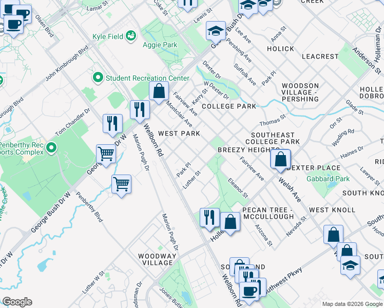map of restaurants, bars, coffee shops, grocery stores, and more near 610 Highlands Street in College Station