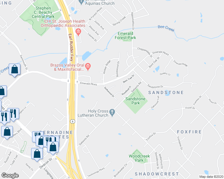 map of restaurants, bars, coffee shops, grocery stores, and more near 1704 Springwood Court in College Station