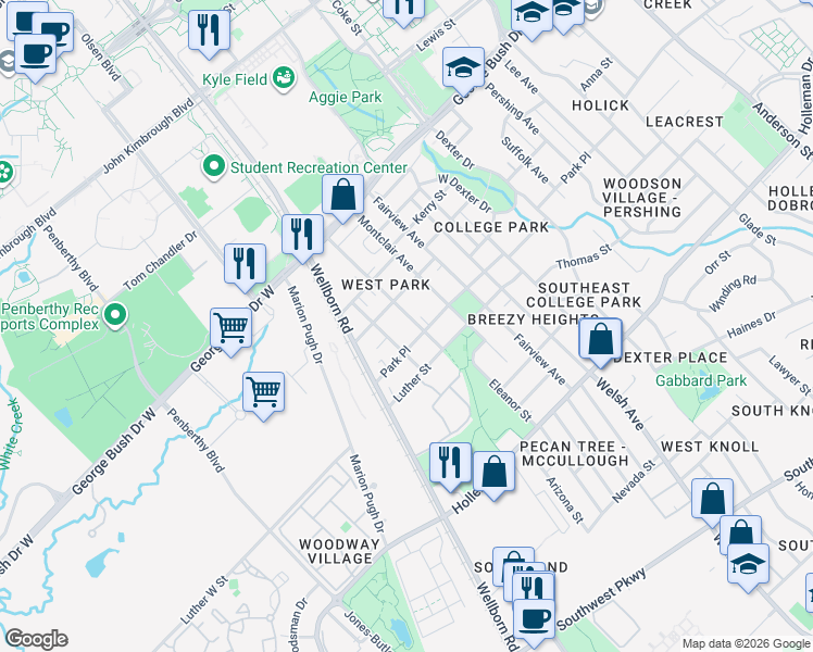 map of restaurants, bars, coffee shops, grocery stores, and more near 606 Maryem Street in College Station
