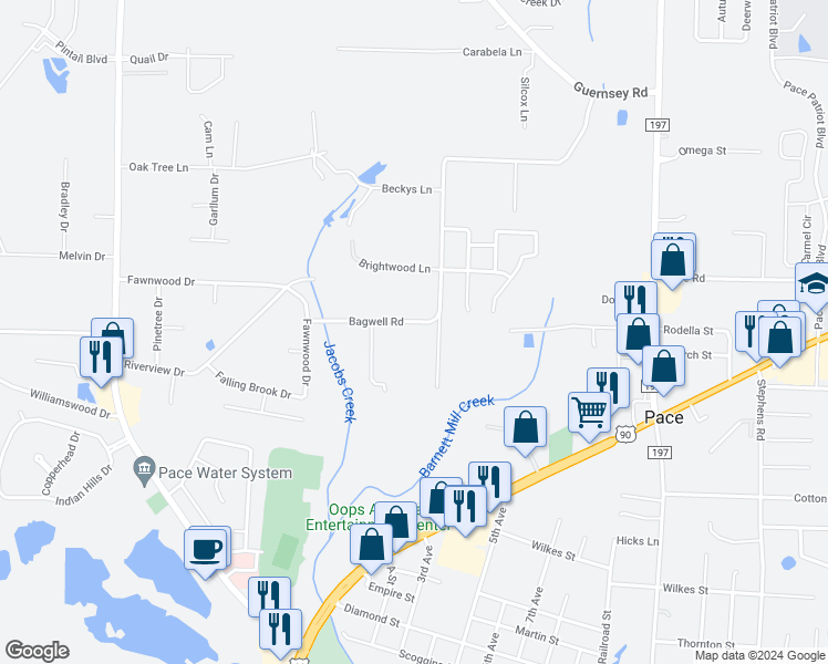 map of restaurants, bars, coffee shops, grocery stores, and more near 3675 Bagwell Road in Pace