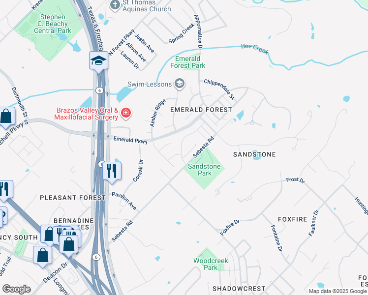 map of restaurants, bars, coffee shops, grocery stores, and more near 8719 Bent Tree Drive in College Station