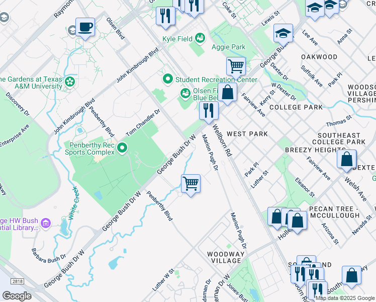 map of restaurants, bars, coffee shops, grocery stores, and more near 301 George Bush Drive West in College Station