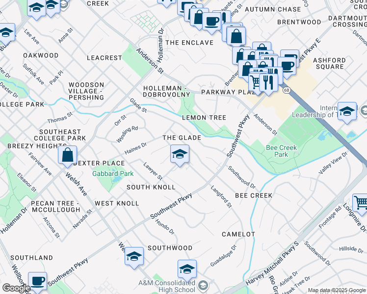 map of restaurants, bars, coffee shops, grocery stores, and more near 1400 Laura Lane in College Station